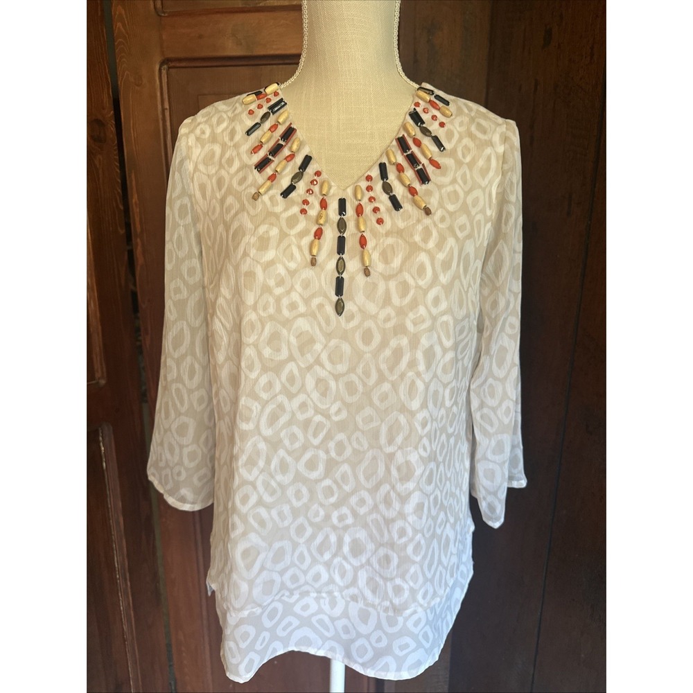 Chicos Womens Top Size 0 US Small Sheer Top & Sleeve Embellished Beaded Boho EUC
